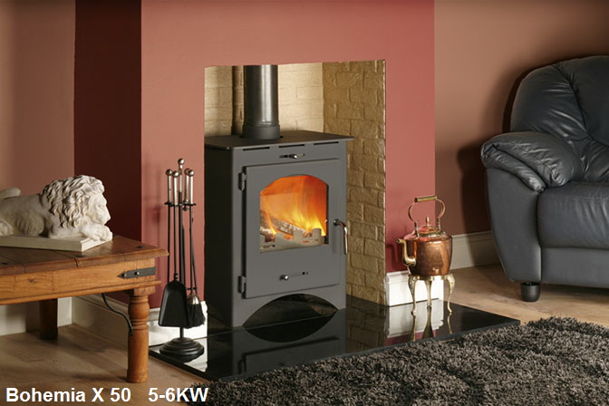 Bohemia X50 Defra approved wood burning stove click to see it burning