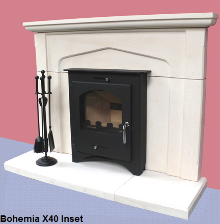 Bohemia X40 Inset wood burning stove in limestone surround  click to see it burning
